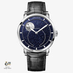 Agelocer Astronomer moonphase watch, blue aventurine dial, steel case, panoramic moon phase, black leather strap, front