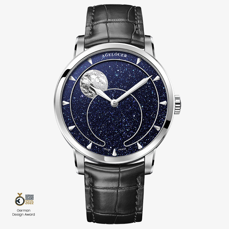 Agelocer Astronomer moonphase watch, blue aventurine dial, steel case, panoramic moon phase, black leather strap, front