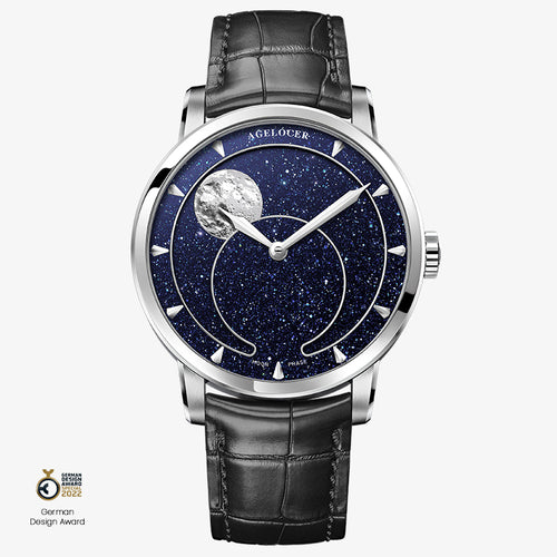 Agelocer Astronomer moonphase watch, blue aventurine dial, steel case, panoramic moon phase, black leather strap, front