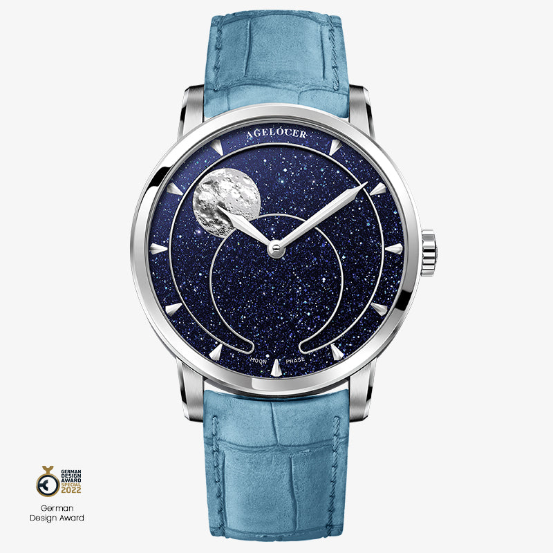 Agelocer Astronomer moonphase watch, blue aventurine dial, steel case, panoramic moon phase, blue leather strap, front