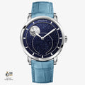 Agelocer Astronomer moonphase watch, blue aventurine dial, steel case, panoramic moon phase, blue leather strap, front