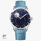 Agelocer Astronomer moonphase watch, blue aventurine dial, steel case, panoramic moon phase, blue leather strap, front