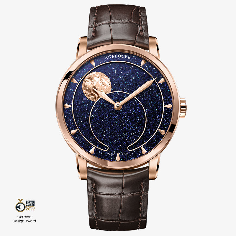 Agelocer Astronomer moonphase watch, blue aventurine dial, rose gold case, panoramic moon phase, brown leather strap