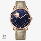 Agelocer Astronomer moonphase watch, blue aventurine dial, rose gold case, moon phase, green leather strap, front view