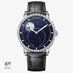 Agelocer Astronomer moonphase watch, blue aventurine dial, diamond-set steel case, moon phase, black leather strap
