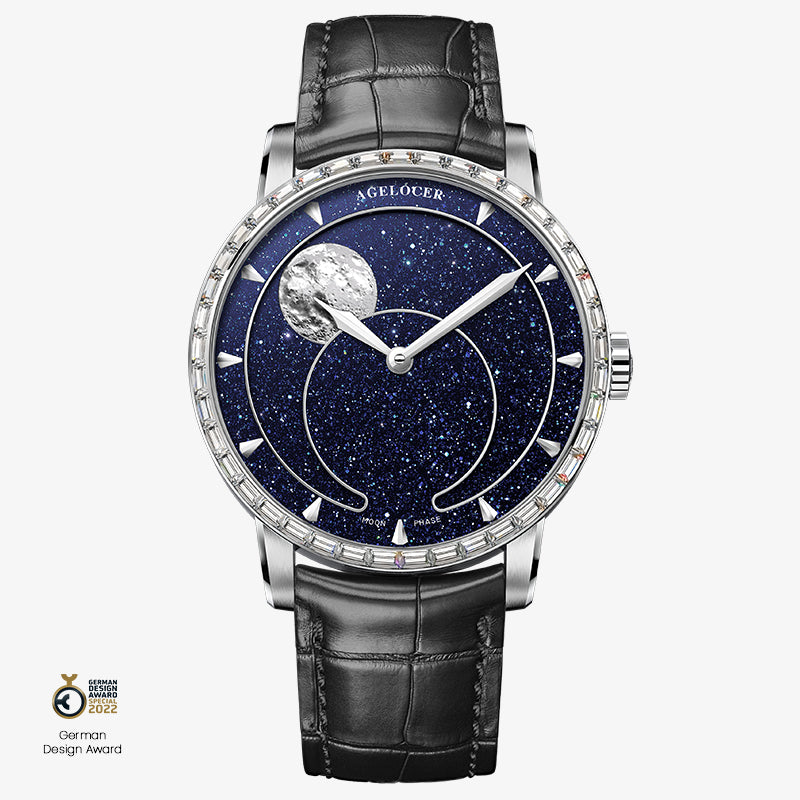 Agelocer Astronomer moonphase watch, blue aventurine dial, diamond-set steel case, moon phase, black leather strap