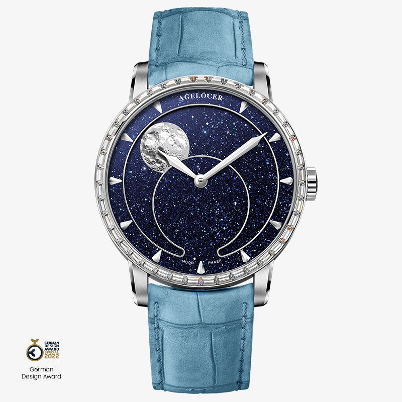 Agelocer Astronomer moonphase watch, blue aventurine dial, diamond-set steel case, moon phase, blue leather strap