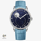 Agelocer Astronomer moonphase watch, blue aventurine dial, diamond-set steel case, moon phase, blue leather strap