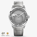 Agelocer Astronomer moonphase automatic watch, steel case, grey dial, grey leather strap, moon phase, front view