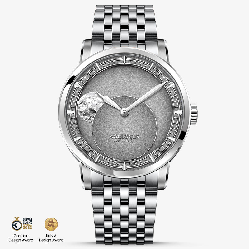 Agelocer Astronomer moonphase automatic watch, steel case and bracelet, grey dial, panoramic moon phase, front view