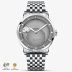 Agelocer Astronomer moonphase automatic watch, steel case and bracelet, grey dial, panoramic moon phase, front view