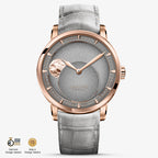 Agelocer Astronomer moonphase automatic watch, rose gold case, grey dial and grey leather strap, moon phase, front view
