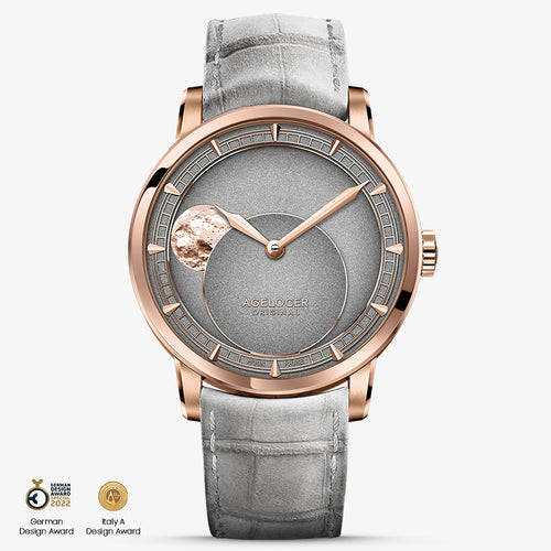 Agelocer Astronomer moonphase automatic watch, rose gold case, grey dial and grey leather strap, moon phase, front view