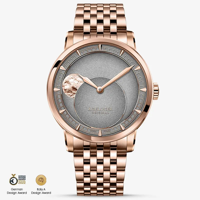 Agelocer Astronomer moonphase automatic watch, rose gold case and bracelet, grey dial, moon phase, front view