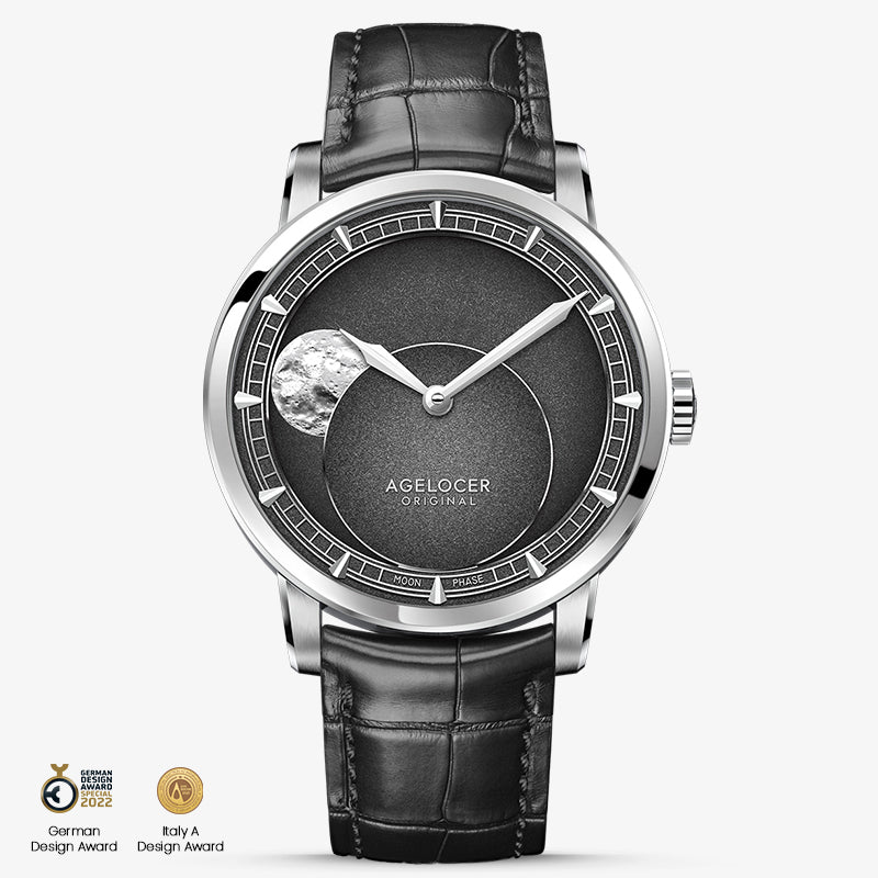 Agelocer Astronomer moonphase automatic watch, steel case, black dial and black leather strap, moon phase, front view