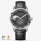 Agelocer Astronomer moonphase automatic watch, steel case, black dial and black leather strap, moon phase, front view