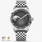 Agelocer Astronomer moonphase automatic watch, steel case and bracelet, black dial, moon phase, front view