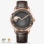 Agelocer Astronomer moonphase automatic watch, rose gold case, dark dial and brown leather strap, moon phase, front view