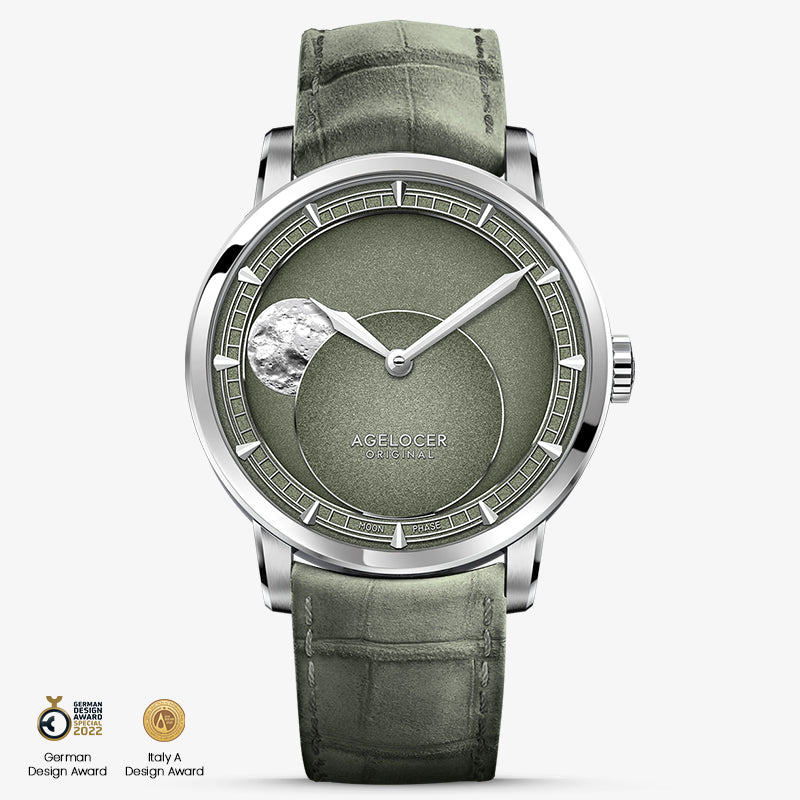 Agelocer Astronomer moonphase automatic watch, steel case, green dial and green leather strap, moon phase, front view