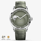 Agelocer Astronomer moonphase automatic watch, steel case, green dial and green leather strap, moon phase, front view