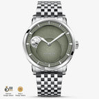 Agelocer Astronomer moonphase automatic watch, steel case and bracelet, green dial, moon phase, front view