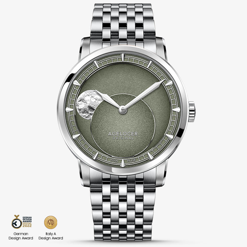 Agelocer Astronomer moonphase automatic watch, steel case and bracelet, green dial, moon phase, front view