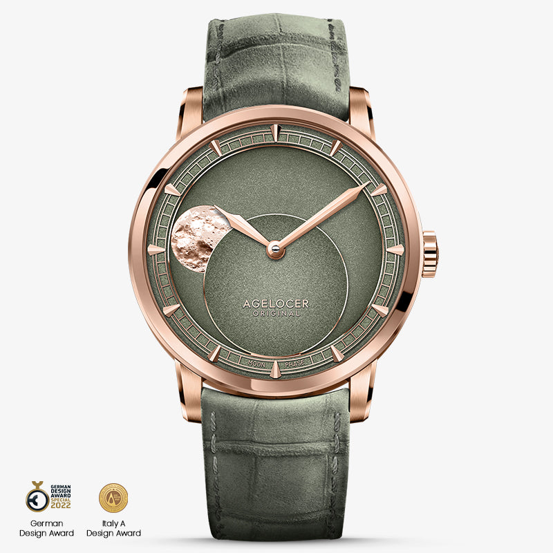Agelocer Astronomer moonphase automatic watch, rose gold case, green dial and green leather strap, moon phase, front view