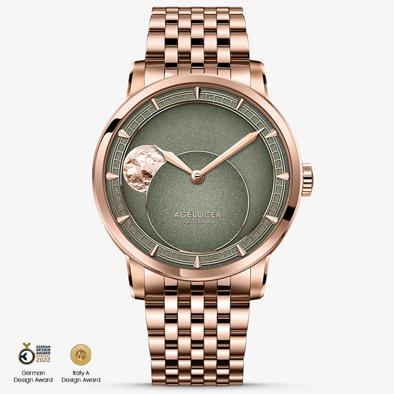 Agelocer Astronomer moonphase automatic watch, rose gold case and bracelet, green dial, moon phase, front view