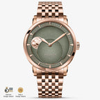 Agelocer Astronomer moonphase automatic watch, rose gold case and bracelet, green dial, moon phase, front view