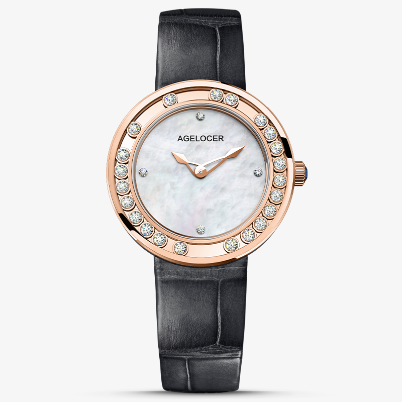 Agelocer Baikal Happy Diamond women's quartz watch, white mother-of-pearl dial, floating diamonds, rose gold case