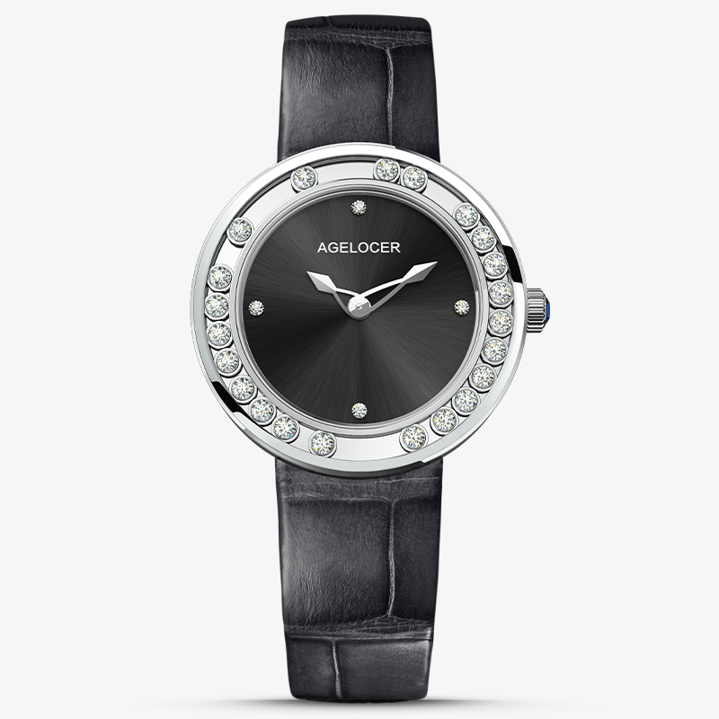 Agelocer Baikal Happy Diamond women's quartz watch, black dial, floating diamonds, steel case, black leather strap