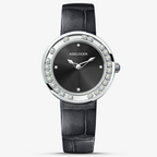 Agelocer Baikal Happy Diamond women's quartz watch, black dial, floating diamonds, steel case, black leather strap