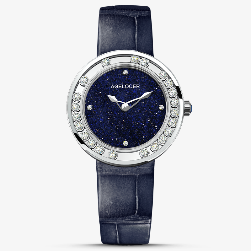 Agelocer Baikal Happy Diamond women's quartz watch, blue aventurine dial, floating diamonds, steel case, blue strap