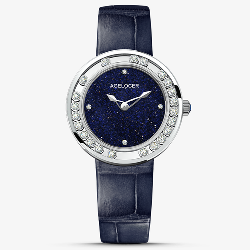 Agelocer Baikal Happy Diamond women's quartz watch, blue aventurine dial, floating diamonds, steel case, blue strap
