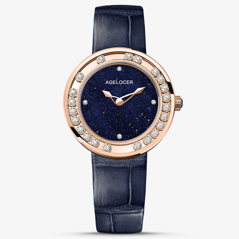 Agelocer Baikal Happy Diamond women's quartz watch, blue aventurine dial, floating diamonds, rose gold case