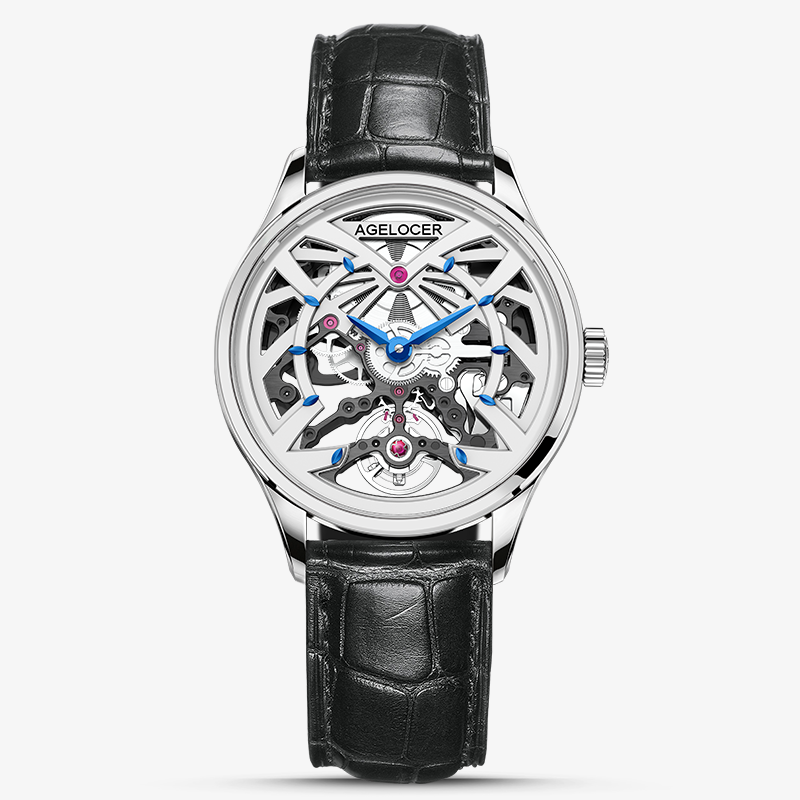 Agelocer Schwarzwald women's skeleton automatic watch, silver case, black strap, front