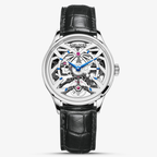 Agelocer Schwarzwald women's skeleton automatic watch, silver case, black strap, front