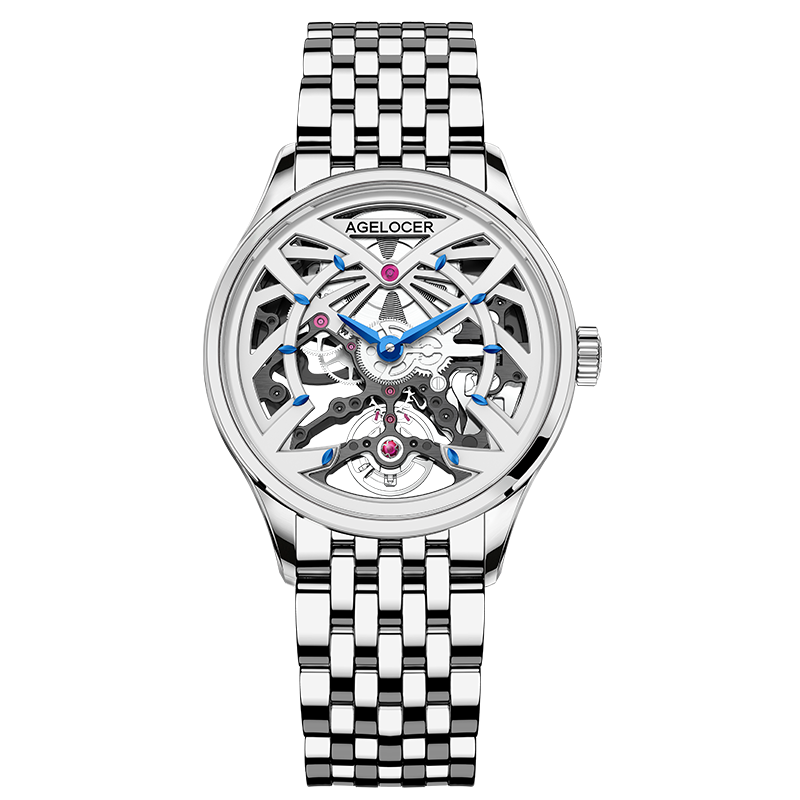 Agelocer Schwarzwald women's skeleton automatic watch, steel case and bracelet, openwork dial, front view