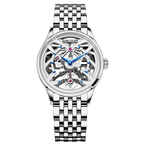 Agelocer Schwarzwald women's skeleton automatic watch, steel case and bracelet, openwork dial, front view