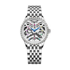 Agelocer Schwarzwald women's skeleton watch, steel case with diamond-set bezel and bracelet, openwork dial, front view