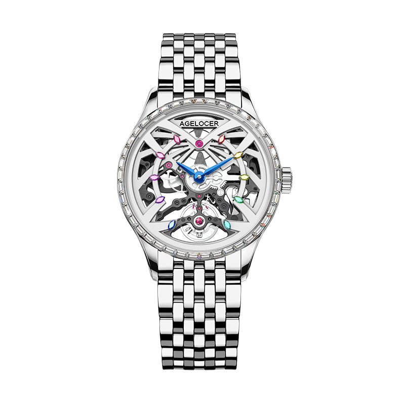 Agelocer Schwarzwald women's skeleton watch, steel case with diamond-set bezel and bracelet, openwork dial, front view