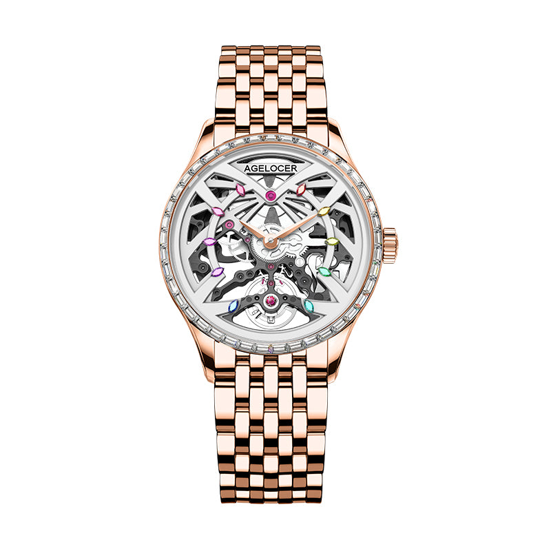 Agelocer Schwarzwald women's skeleton watch, rose gold case with diamond-set bezel and bracelet, openwork dial, front