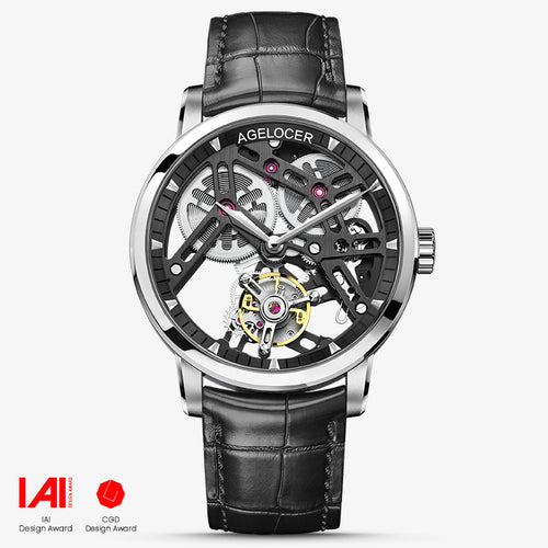 Agelocer flying tourbillon watch, steel case with black skeleton dial and black leather strap, front view