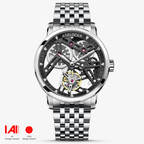 Agelocer flying tourbillon skeleton watch, steel case and bracelet with black skeleton dial, front view