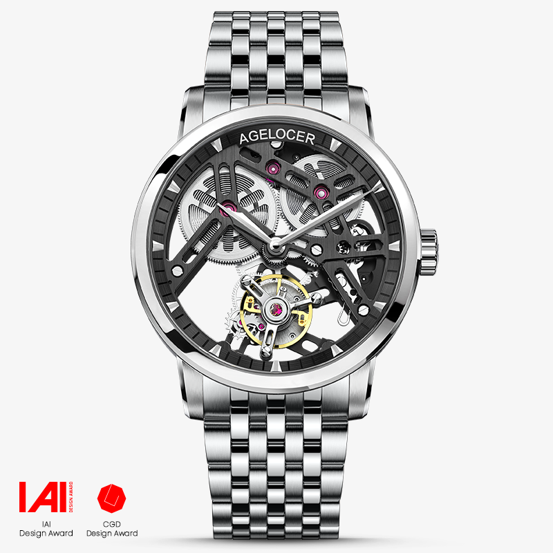 Agelocer flying tourbillon skeleton watch, steel case and bracelet with black skeleton dial, front view