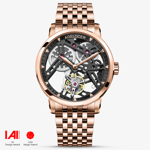 Agelocer Free-Sprung skeleton tourbillon watch, black skeleton dial, rose gold case, steel bracelet, front