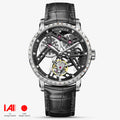 Agelocer free-sprung tourbillon watch, black skeleton dial, diamond-set steel bezel, black leather strap, front