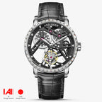 Agelocer free-sprung tourbillon watch, black skeleton dial, diamond-set steel bezel, black leather strap, front