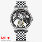 Agelocer flying tourbillon watch, steel case with zircon-set bezel and bracelet, black skeleton dial, front view