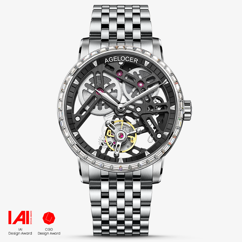Agelocer Free-Sprung diamond tourbillon watch, black skeleton dial, diamond bezel, steel case, steel bracelet, front